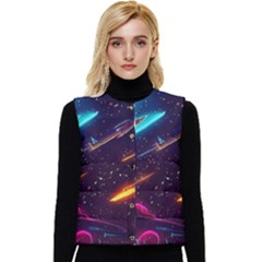 Night Sky Neon Spaceship Drawing Women s Button Up Puffer Vest by Ravend