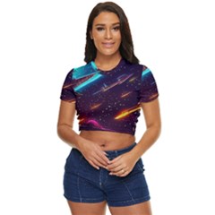 Night Sky Neon Spaceship Drawing Side Button Cropped Tee by Ravend