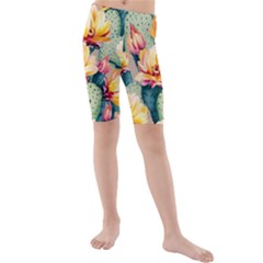 Prickly Pear Cactus Flower Plant Kids  Mid Length Swim Shorts