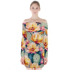 Prickly Pear Cactus Flower Plant Long Sleeve Off Shoulder Dress by Ravend