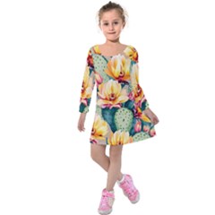 Prickly Pear Cactus Flower Plant Kids  Long Sleeve Velvet Dress by Ravend