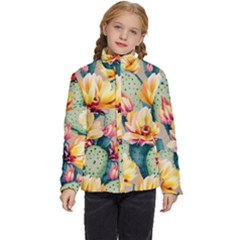 Prickly Pear Cactus Flower Plant Kids  Puffer Bubble Jacket Coat by Ravend