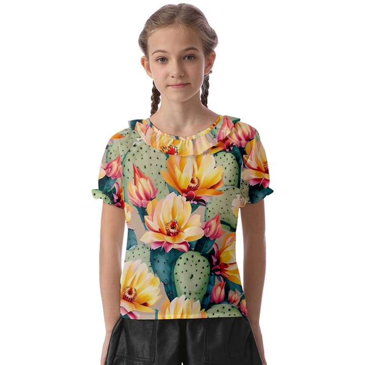 Prickly Pear Cactus Flower Plant Kids  Frill Chiffon Blouse