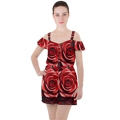 Roses Flowers Plant Ruffle Cut Out Chiffon Playsuit by Ravend