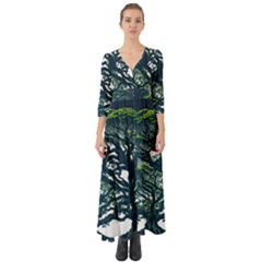 Tree Leaf Green Forest Wood Natural Nature Button Up Boho Maxi Dress