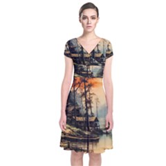 Fantasy Landscape Foggy Mysterious Short Sleeve Front Wrap Dress