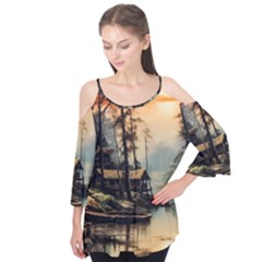 Fantasy Landscape Foggy Mysterious Flutter Sleeve Tee 