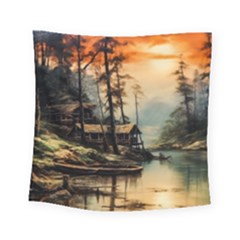 Fantasy Landscape Foggy Mysterious Square Tapestry (small) by Ravend