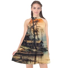 Fantasy Landscape Foggy Mysterious Halter Neckline Chiffon Dress 