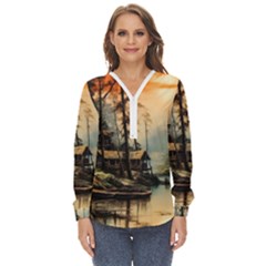 Fantasy Landscape Foggy Mysterious Zip Up Long Sleeve Blouse