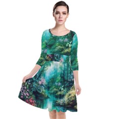 River Stream Flower Nature Quarter Sleeve Waist Band Dress