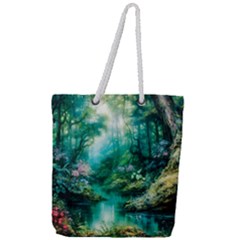 River Stream Flower Nature Full Print Rope Handle Tote (Large)