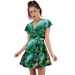 River Stream Flower Nature Flutter Sleeve Wrap Dress