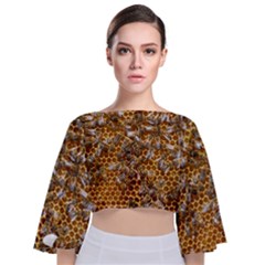 Honey Bee Bees Insect Tie Back Butterfly Sleeve Chiffon Top by Ravend