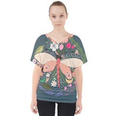 Bug Nature Flower Dragonfly V-neck Dolman Drape Top