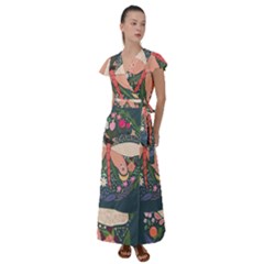 Bug Nature Flower Dragonfly Flutter Sleeve Maxi Dress