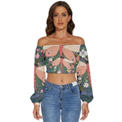 Bug Nature Flower Dragonfly Long Sleeve Crinkled Weave Crop Top by Ravend