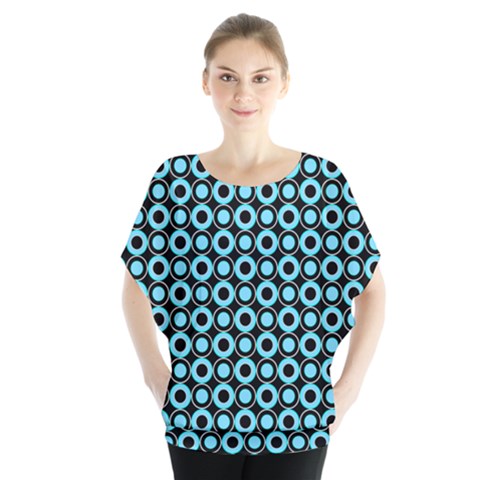 Mazipoodles Blue Donuts Polka Dot Batwing Chiffon Blouse by Mazipoodles