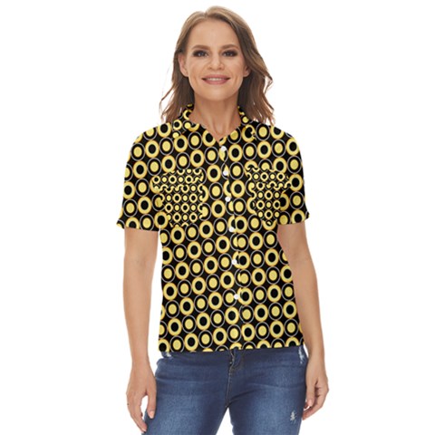  Mazipoodles Yellow Donuts Polka Dot Women s Short Sleeve Double Pocket Shirt by Mazipoodles