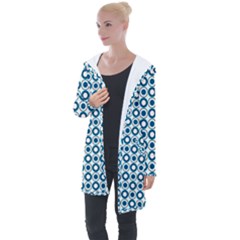 Mazipoodles Dusty Duck Egg Blue White Donuts Polka Dot Longline Hooded Cardigan by Mazipoodles