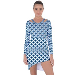 Mazipoodles Dusty Duck Egg Blue White Donuts Polka Dot Asymmetric Cut-out Shift Dress by Mazipoodles