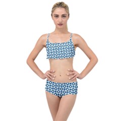 Mazipoodles Dusty Duck Egg Blue White Donuts Polka Dot Layered Top Bikini Set by Mazipoodles