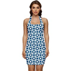 Mazipoodles Dusty Duck Egg Blue White Donuts Polka Dot Sleeveless Wide Square Neckline Ruched Bodycon Dress by Mazipoodles