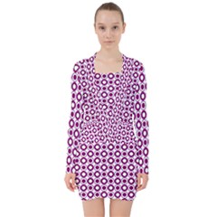 Mazipoodles Magenta White Donuts Polka Dot V-neck Bodycon Long Sleeve Dress by Mazipoodles