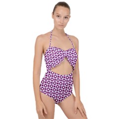 Mazipoodles Magenta White Donuts Polka Dot Scallop Top Cut Out Swimsuit by Mazipoodles