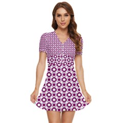 Mazipoodles Magenta White Donuts Polka Dot V-neck High Waist Chiffon Mini Dress by Mazipoodles