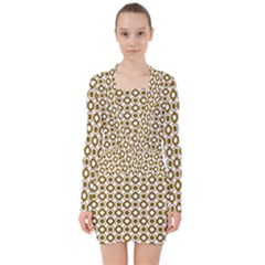 Mazipoodles Olive White Donuts Polka Dot V-neck Bodycon Long Sleeve Dress by Mazipoodles