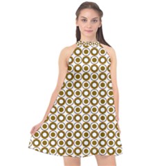 Mazipoodles Olive White Donuts Polka Dot Halter Neckline Chiffon Dress  by Mazipoodles