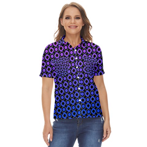 Mazipoodles Purple Pink Gradient Donuts Polka Dot Women s Short Sleeve Double Pocket Shirt by Mazipoodles