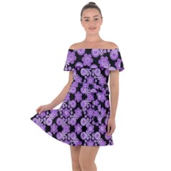 Bitesize Flowers Pearls And Donuts Lilac Black Off Shoulder Velour Dress by Mazipoodles