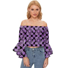 Bitesize Flowers Pearls And Donuts Lilac Black Off Shoulder Flutter Bell Sleeve Top by Mazipoodles