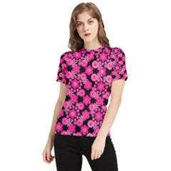 Bitesize Flowers Pearls And Donuts Fuchsia Black Women s Short Sleeve Rash Guard