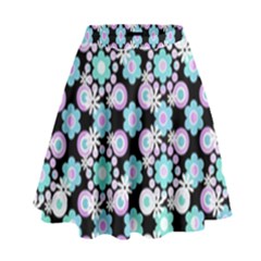 Bitesize Flowers Pearls And Donuts Turquoise Lilac Black High Waist Skirt by Mazipoodles