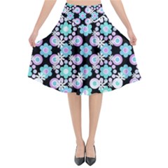 Bitesize Flowers Pearls And Donuts Turquoise Lilac Black Flared Midi Skirt by Mazipoodles