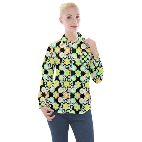 Bitesize Flowers Pearls And Donuts Yellow Spearmint Orange Black White Women s Long Sleeve Pocket Shirt by Mazipoodles