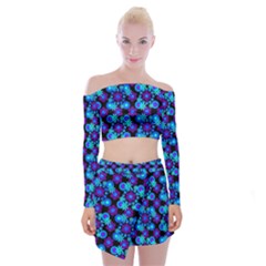 Bitesize Flowers Pearls And Donuts Purple Blue Black Off Shoulder Top With Mini Skirt Set by Mazipoodles