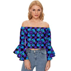 Bitesize Flowers Pearls And Donuts Purple Blue Black Off Shoulder Flutter Bell Sleeve Top by Mazipoodles