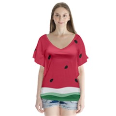 Minimalist Summer Watermelon Wallpaper V-neck Flutter Sleeve Top by Ravend