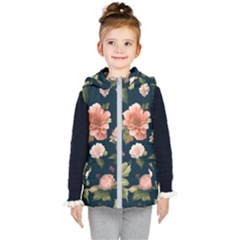 Wallpaper-with-floral-pattern-green-leaf Kids  Hooded Puffer Vest by designsbymallika