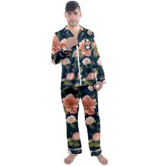 Wallpaper-with-floral-pattern-green-leaf Men s Long Sleeve Satin Pajamas Set by designsbymallika
