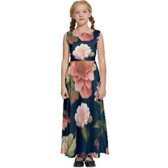 Wallpaper-with-floral-pattern-green-leaf Kids  Satin Sleeveless Maxi Dress by designsbymallika