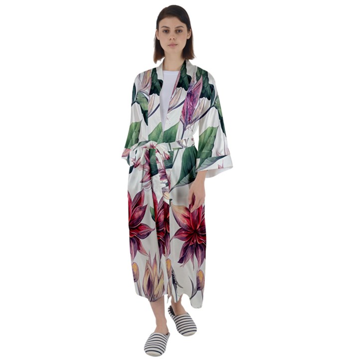 floral pattern Maxi Satin Kimono