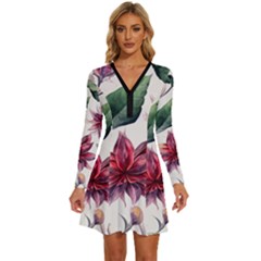 Floral Pattern Long Sleeve Deep V Mini Dress 