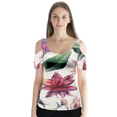 Floral Pattern Butterfly Sleeve Cutout Tee 