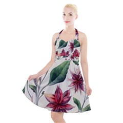 Floral Pattern Halter Party Swing Dress 