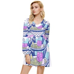 Ramen Kanji Vaporwave Artwork Minimalism Tiered Long Sleeve Mini Dress